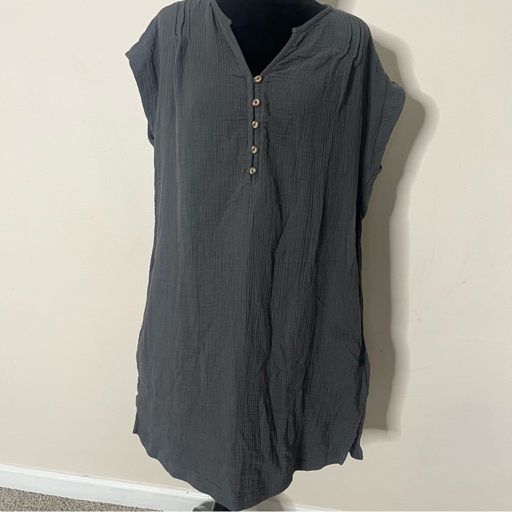 UpWest Women’s Charcoal Gray Cotton Gauze Sleeveless V-Neck Mini Dress Sz M